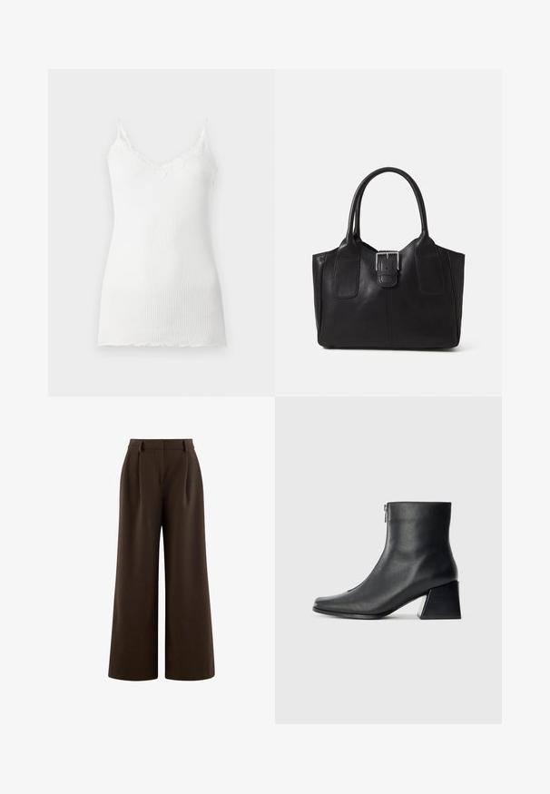 Biała, prążkowana koszulka na ramiączkach z koronkowym wykończeniem przy dekolcie w kształcie litery V i cienkimi ramiączkami. Materiał wydaje się miękki i lekki.; Spodnie o szerokich nogawkach w ciemnobrązowym materiale, z płaskim przodem, zaszewkami i pasem na pasek. Gładka tekstura z dopasowanym krojem.; Czarne skórzane botki za kostkę z kwadratowym noskiem, bocznym zamkiem błyskawicznym i słupkowym obcasem na jasnym tle.; Czarna skórzana torba tote o gładkiej fakturze, usztywnionym kształcie, dwóch uchwytach oraz wyraźnym srebrnym zapięciu na przodzie.