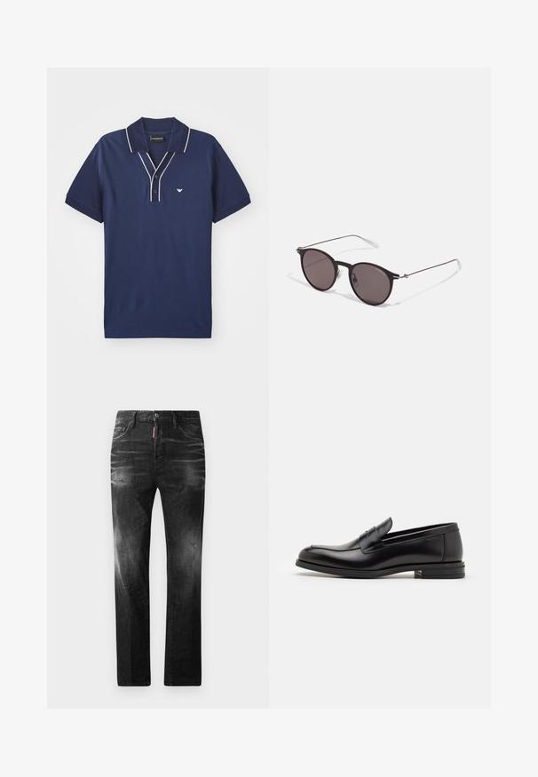 Tengerészkék póló, pamutból készült, ellentétes fehér díszítéssel a galléron és a gombolónyélen, bal mellen egy kis logóval.; Fekete farmernadrág egyenes szabással. Fakadó területek, kisebb kopások, klasszikus öt zsebes kialakítás és gombos zárás jellemzi.; Fekete bőr loaferek sima textúrával, kerek orral és dekoratív pánttal a vampnál. Alacsony, rétegelt sarkú, minimalista dizájn.; Fekete kerek napszemüveg sötét lencsékkel és karcsú fém szárakkal. Átlátszó szárvégeket és ezüst részleteket tartalmaz az ívnél. Minimalista dizájn.
