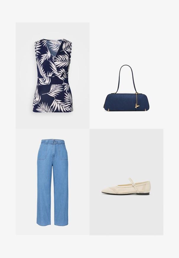 Top senza maniche blu navy con un design avvolgente, caratterizzato da motivi di foglie tropicali bianche, una texture morbida e una scollatura a V.; Pantaloni larghi in denim azzurro chiaro con vita con cintura, due tasche anteriori e una texture semplice. Presentano un design minimalista e linee pulite.; Ballerine beige con punta affusolata, sovrapposizione in rete e cinturino laterale con fibbia. Suola piatta con una texture liscia.; ALDO THALELI - Borsa a mano - navy