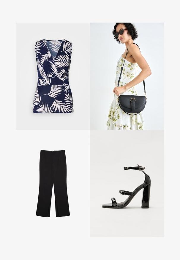 Mornarsko modra brezrokavna majica s prehodnim dizajnom, ki vsebuje bele tropske liste, gladko teksturo in V-izrez.; Črne hlače ravnega kroja z naglavnimi žepi in stranskimi razporki na robu. Narejene iz mehke, gladke tkanine. Primerne za različne priložnosti.; Črne lakirane sandale s peto, kvadratnim prstom, trakovi okrog gležnja in srebrnimi zaponkami. Opremljene so s stabilno Debelo peto.; Črna usnjena torbica s ukrivljeno obliko, z odstranljivo naramnico in zlatimi dodatki. Torbica ima pokrov s podrobnostmi v obliki zaponke.