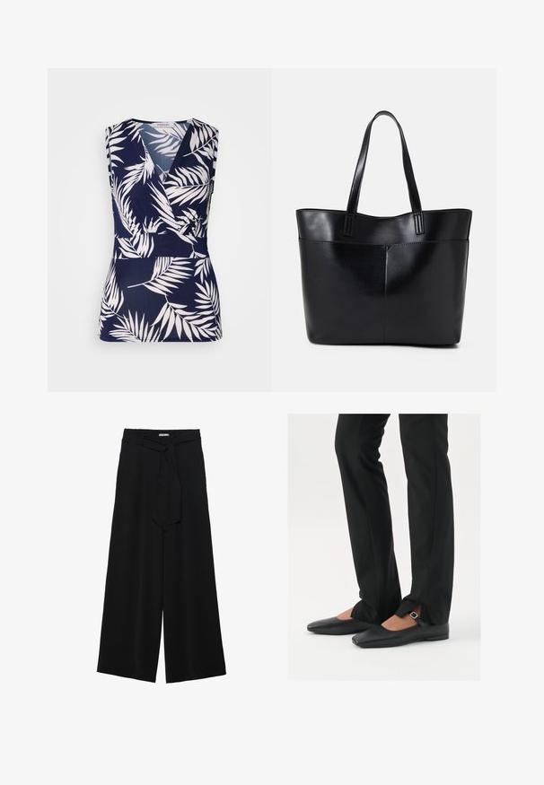 Top sin mangas de color azul marino con un diseño cruzado, que presenta patrones de hojas tropicales blancas, una textura suave y un escote en forma de V.; Pantalones de pierna ancha negros con un tejido texturizado, una cinturilla elástica y un lazo desmontable en la cintura para un ajuste ajustable.; Bailarinas de cuero negro con punta afilada, correa con hebilla de plata, combinadas con pantalones negros ajustados que presentan un dobladillo con abertura.; Bolso tote de cuero negro con dos asas largas, textura suave y forma estructurada. Cuenta con un bolsillo frontal para almacenamiento adicional.