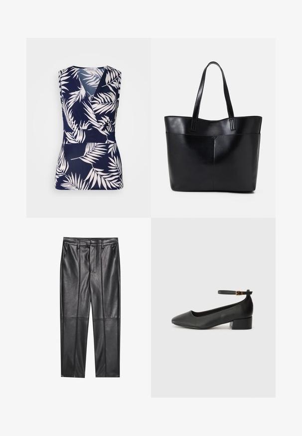 Mørkeblå ärmeløs topp med omslag design, med hvite tropiske bladmønstre, en glatt tekstur og v-hals.; Sorte lærbukser med en glat tekstur, der har en lige pasform, to forlommer og synlige sømdetaljer.; Sorte skinnpumper med spiss tå og lav blokkhelt. Har ankelrem med gullfarget spenne. Glatt tekstur.; Svart lær toteveske med to lange håndtak, en glatt tekstur og en strukturert form. Har en frontlomme for ekstra oppbevaring.