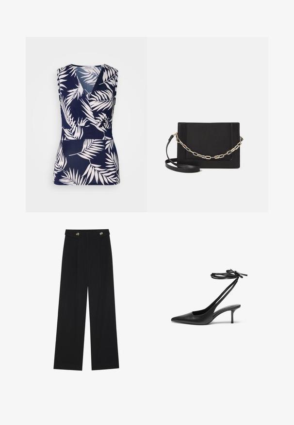 Navy blue sleeveless top with a wrap design, featuring white tropical leaf patterns, a smooth texture, and a v-neckline.; Black wide-leg trousers with high waist, button details on waistband, and front pleats.; Black leather stiletto shoe with a pointed toe, open back, and ankle straps tied in a bow. Slim 3-inch heel. Smooth texture, minimalist design.; Black leather crossbody bag featuring a smooth texture, rectangular shape, and a metallic chain detail on the front. Adjustable strap included.