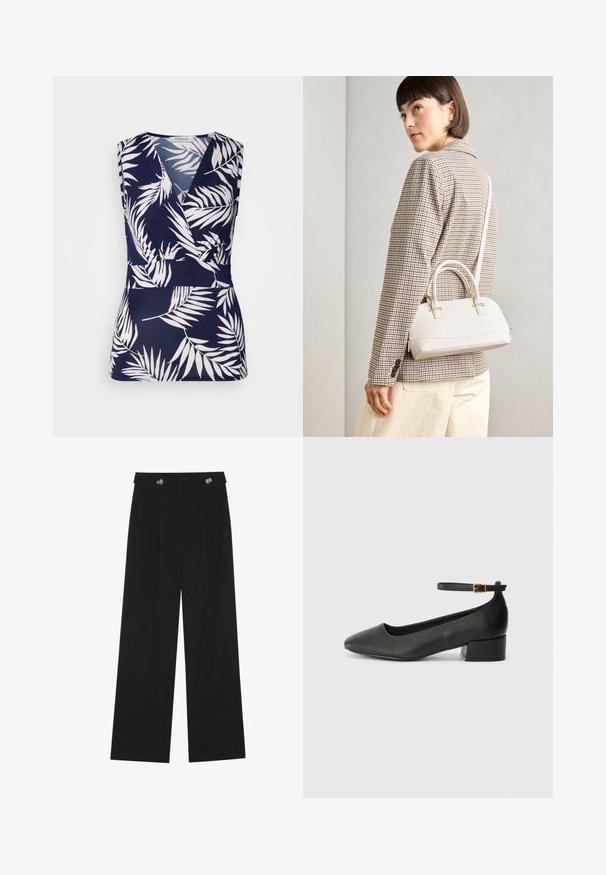 Toppia ilman hihoja tummansinisenä, jossa on kietoutumismalli, valkoisia trooppisia lehtikuvioita, sileä pinta ja V-mallinen kaula-aukko.; Mustat leveälahkeiset housut, joissa on korkea vyötärö, napit vyötärönauhassa ja etupuolella laskokset.; Mustat nahkakengät, joissa on terävä kärki ja matala lohkare korko. Varustettu nilkkahihnalla, jossa on kultasävyinen solki. Lisää sileä pinta.; Valkoinen rakenteellinen käsilaukku, jossa on lyhyet kahvat ja olkahihna, varustettu kultaisilla metalliosilla ja tekstuurilla, esillä harmaata taustaa vasten.