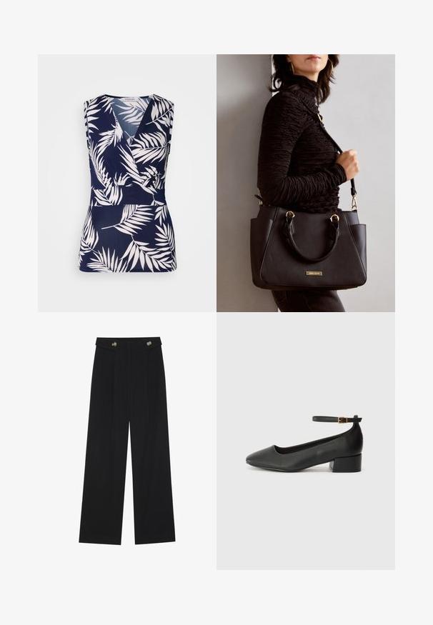 Navyblauw mouwloos topje met een wikkelontwerp, voorzien van witte tropische bladsilhouetten, een gladde textuur en een v-hals.; Zwarte wijde broek met hoge taille, knoopdetails op de tailleband en plooien aan de voorkant.; Zwarte leren pump met een spitse neus en een lage blokhak. Beschikt over een enkelband met een goudkleurige gespsluiting. Gladde textuur.; Zwarte handtas met gestructureerd oppervlak, dubbele bovenhandvatten en verstelbare schouderriem. Voorzien van goudkleurige hardware en zijzakken.