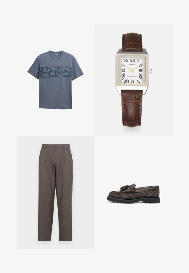 Grijs kortemouw t-shirt van soepel katoen. Heeft een grafisch ontwerp in donkerder blauw met tekst en cijfers over de voorkant.; Jack & Jones JPSTBILL JJDAYTONA WIDE - Broek - pavement; Donkergrijze suede loafers met een franje accent aan de voorkant, platte rubberen zool en contrasterende stiksels langs de rand.; Casio rechthoekige horloge met een witte wijzerplaat, gouden accenten, Romeinse cijfers en een bruine lederen band met krokodillenpatroon. Waterbestendig ontwerp.