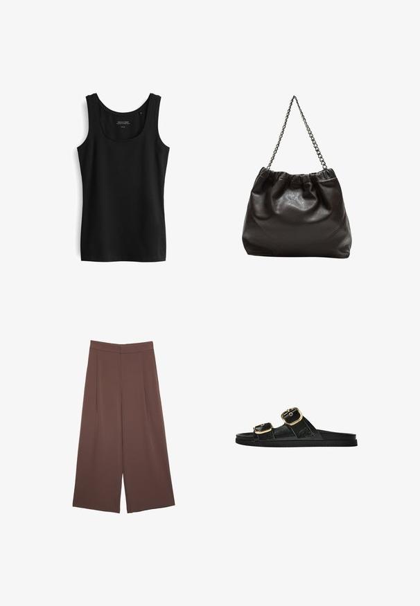 Schwarzes ärmelloses Tanktop mit rundem Ausschnitt. Hergestellt aus glattem Stoff mit einem schlichten Design und ohne sichtbare Muster oder Verzierungen.; Braune Weite-Leg-Hosen mit einer glatten Textur, hoher Taille und Vorderfalten. Der Stoff ist leicht und fällt locker.; Schwarze Riemensandale mit zwei goldenen Schnallendetails, glattem Material, flachem Sohlen und minimalistischer Gestaltung.; Braune Lederhandtasche mit gerafftem Oberteil und Kettenriemen. Glatte Textur mit glänzendem Finish und subtilen Nahtdetails an den Seiten.