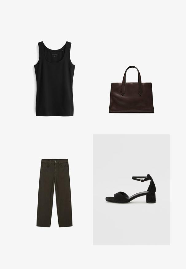 Canotta nera senza maniche con scollatura tonda. Realizzata in tessuto liscio con un design semplice e senza motivi o decorazioni visibili.; Jeans a gamba larga di colore verde scuro, realizzati in tessuto misto cotone, dotati di chiusura con bottone frontale, cinque tasche e cuciture classiche in denim.; Sandali con tacco in suede nero, con una sottile fascia alla caviglia, design open toe e un discreto tacco a blocco. Texture liscia e decorazioni minime.; Borsa a spalla in pelle marrone con due manici lunghi, forma rettangolare strutturata, texture liscia e dettagli di cucitura sottili.