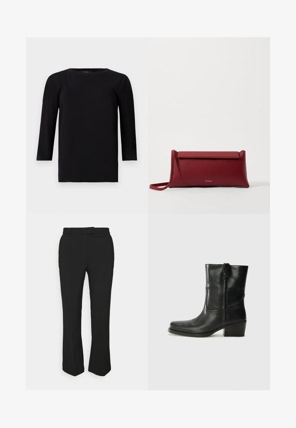Schwarzes langärmliges Oberteil mit Rundhalsausschnitt, aus einem glatten, leichten Stoff gefertigt. Verfügt über eine lockere Passform und einen geraden Saum mit minimalen Nähten.; Schwarze, maßgeschneiderte Hose mit geradem Bein, ausgestattet mit Gürtelschlaufen und Seitentaschen. Hergestellt aus glattem Stoff mit sauberem Finish.; Schwarze Leder-Ankle Boots mit runder Zehenform, Blockabsatz, seitlichem Reißverschluss und gestickten Akzenten auf dem Blatt. Glatte Textur, klassisches Design.; Rote Leder-Clutch mit strukturiertem Finish, ausgestattet mit einem flachen Klappdeckel und einem kurzen Tragegriff. Diskretes Markenlogo auf der Vorderseite.