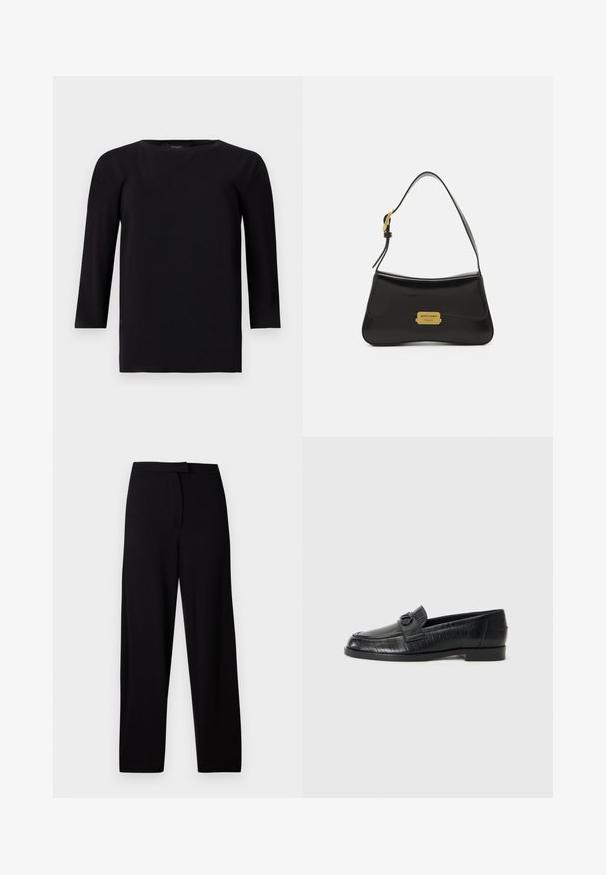 Bluză neagră cu mâneci lungi și guler rotund, confecționată dintr-un material neted și ușor. Are o croială lejeră și o tivă dreaptă cu cusături minime.; Pantaloni negri evazați dintr-un material moale și elastic. Dispun de un brâu neted și nu au cusături sau buzunare vizibile. Design simplu și versatil.; Bocanci din piele neagră, cu un superior neted, model liniar embosat și un accent decorativ sub formă de cataramă pe față. Toc jos, de tip bloc.; Geantă de umăr din piele neagră, cu un design curbat, accent cu placă logo aurie și un breloc subțire. Textură netedă cu un finisaj elegant.