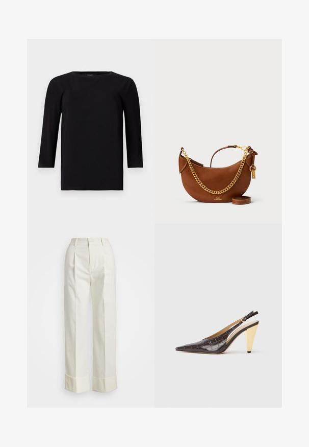 Fekete hosszú ujjú felső, kerek nyakkivágással, sima, könnyű anyagból készült. Lazább szabású, egyenes aljjal és minimalista varrásokkal rendelkezik.; Fehér, szabott nadrág magas derékkal, dupla elülső redőkkel és széles lábakkal, hajtogatott szegésekkel. Simító, textúrált anyagból készült.; Hegyes orrú slingback sarok sötétbarna, fényes mű krokodilbőrben. Aranyszínű geometrikus sarka és állítható bokapánt jellemzi.; Barna bőr kézi táska íves kialakítással, arany lánc pánttal, belső zsebbel és leválasztható vállpánttal. Kontrasztos varrás jellemzi.