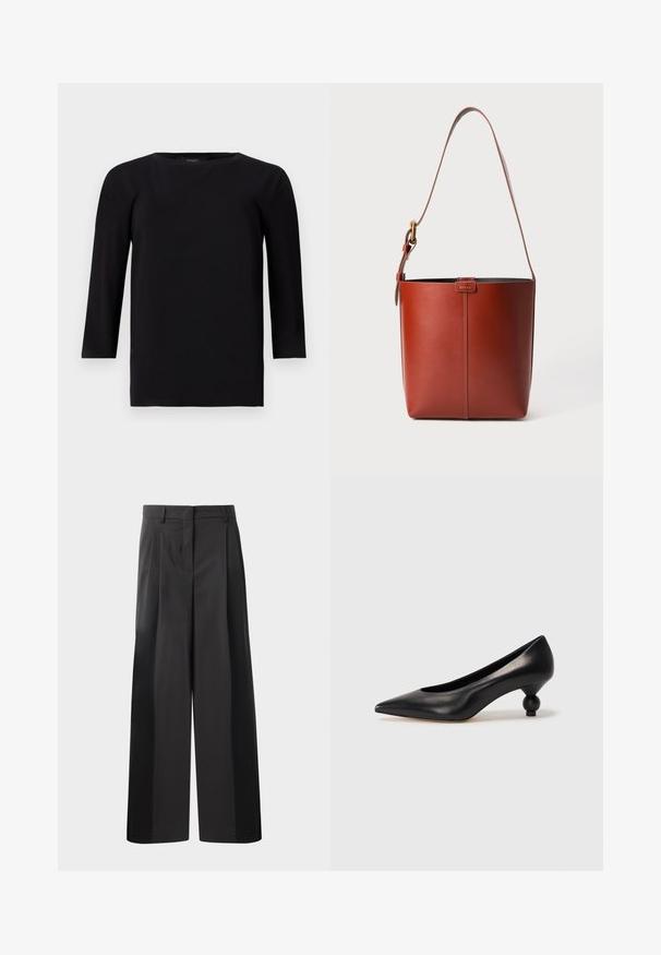 Black long-sleeve top with a crew neckline, made from a smooth, lightweight fabric. Features a relaxed fit and straight hem with minimal seams.; Black wide-leg trousers with a high waist, featuring front pleats, a smooth texture, and a tailored finish. Designed for a relaxed fit.; Black leather high heel shoe with a pointed toe and a round, balled heel. Smooth texture with a sleek, minimal design.; Brown leather bucket bag with adjustable shoulder strap and gold-tone buckle, simple vertical seam detail on front.