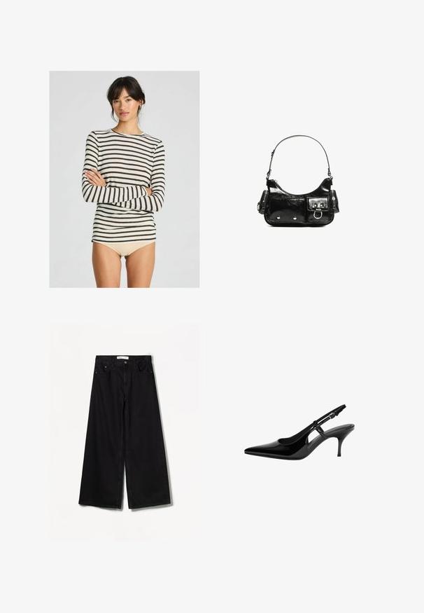 Maglietta a maniche lunghe a righe con strisce crema e marrone scuro, tessuto morbido, scollo a girocollo e design aderente.; Bershka WIDE-LEG - Wide Leg - black; Pumps slingback in vernice nera con punta affusolata, ritagli laterali aperti, tacco sottile e cinturino alla caviglia regolabile.; Borsa a spalla in vernice nera con forma curvata, una tracolla, tasche frontali e dettagli in metallo argentato.