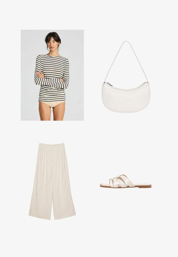 Langærmet stribet top med creme- og mørkebrune striber, blødt stof, rund hals og tætsiddende design.; Lette beige bredde ben bukser i linned med plisseret design og elastisk talje for komfort og nem påklædning.; Flade sandaler med en lys gummisål, designet med tre overlappende hvide læderremme og en lille sløjfe detalje i midten.; PULL&BEAR HALF MOON  - Håndtasker - white