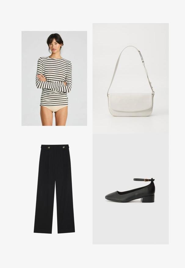 Bluză cu mânecă lungă, în dungi, cu dungi crem și maro închis, dintr-un material moale, cu guler rotund și design ajustat.; Pantaloni negri cu picioare largi, talie înaltă, detalii cu butoane pe talie și pliseuri în față.; Pantof cu toc negru din piele, cu vârf ascuțit și toc mic pătrat. Dispune de o curea la gleznă cu o cataramă în tonuri de aur. Textură netedă.; Geantă de umăr din piele albă, cu o finisare netedă, formă rectangulară, închidere cu clapetă și curea ajustabilă. Detaliu simplu de cusătură.