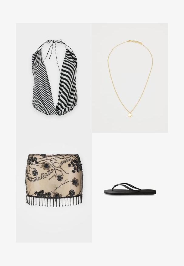 Top halter de riscas preto e branco com decote profundo, fecho de laço no pescoço e tecido macio e leve.; Saias mini pretas adornadas com aplique de flores, lantejoulas e uma bainha de franjas de contas. Feita de material transparente com detalhes intrincados.; Chinelo preto com sola de borracha texturizada, duas tiras finas e um detalhe de logotipo discreto em relevo na tira.; Colar de ouro com uma corrente delicada e pequenas contas espaçadas uniformemente, e um pendente circular. O pendente tem uma superfície lisa e refletora.