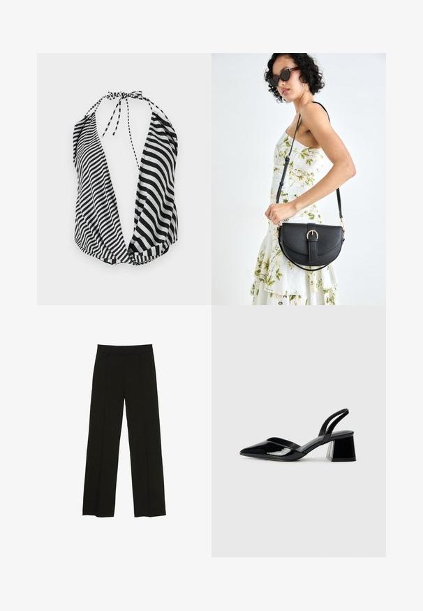 Czarnobiała, pasiasta bluzka na ramiączka z głębokim dekoltem, wiązaniem na szyi i miękkiego, lekkiego materiału.; Czarne spodnie szerokie na nogawkach wykonane z gładkiego materiału, z dopasowanym paskiem w talii i subtelnymi fałdami z przodu, które dodają tekstury.; Czarne lakierowane półbuty na obcasie z wydłużonym noskiem i geometrycznym słupkiem. Charakteryzują się eleganckim, minimalistycznym designem oraz gładką fakturą.; Czarna skórzana torebka o zakrzywionym kształcie, z odpinanym paskiem i złotymi akcentami. Torebka posiada klapę z zapięciem w kształcie klamry.