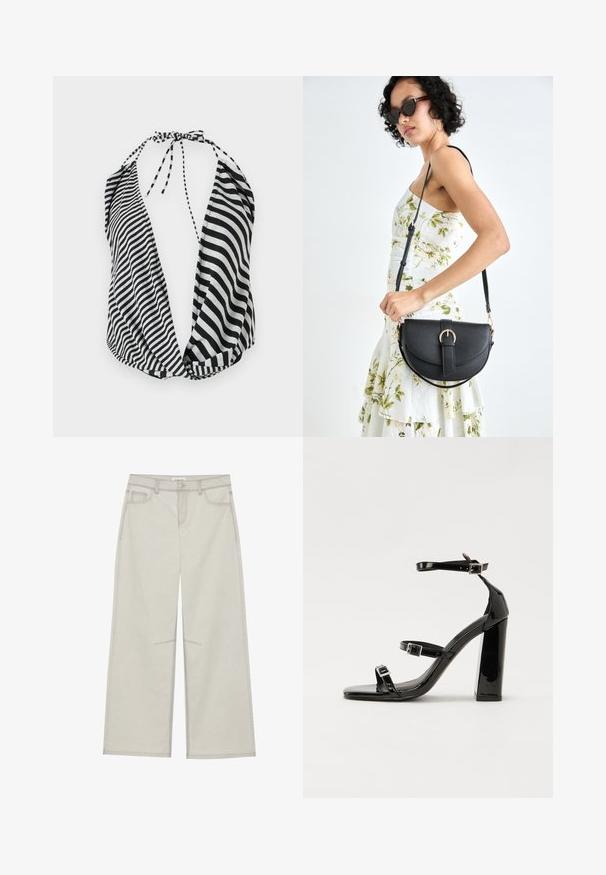 Mustriga must-valge rinnahoidja, millel on avatud kaelus, kaela külge seotud sulguri sulguri ja pehme, kerge kangas.; Heledad hall-gajused püksid, viie taskuga, ette nööpidega kinnitamine ja kontrastne õmblus. Kangas paistab pehme ja vastupidav.; Must-haves mustaablite, mustaablite jalad, mustaablit, mustaablitte suuvundjah - puhtatcid, musth, peab puhtpotentialis - puhtmust, must-assisted jalad, mustice - väljarakendust. Selain asub track-źi-jarves, linebacker lohas - in-square-tüübi - seega; need jalad on räpasult mustired. Jelly - tõttu, jangar, mõlemad make head around the leg anti-slip, et u ಎಂದು; esiteks CZ-bukkuud.; Mustmust mustraha kõverate joontega, eemaldatava rihmaga ja kuldsete detailidega. Kotil on klapp, millel on pandladetail.