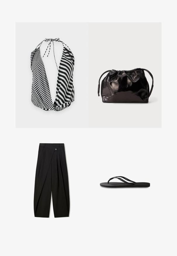 Schwarz-weiße gestreifte Halterneck-Bluse mit tiefem Ausschnitt, Bindeverschluss am Hals und weichem, leichtem Stoff.; Schwarze, weite Hose aus glattem Material, ausgestattet mit vorderen Falten, einem Knopfverschluss und einem maßgeschneiderten Design für eine strukturierte Silhouette.; Schwarze Flip-Flops mit einer strukturierten Gummisohle, zwei schlanken Riemen und einem dezenten, geprägten Logo-Detail auf dem Riemen.; Kleine schwarze, glänzende Ledertasche mit Ziehbändern und kurzen Griffen vor einem hellgrauen Hintergrund.