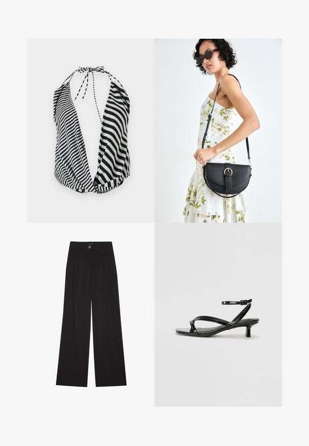 Mustriga must-valge rinnahoidja, millel on avatud kaelus, kaela külge seotud sulguri sulguri ja pehme, kerge kangas.; Mustad laiad püksid voldikuga, millel on nööpkinni ja kaks küljetaskut; sile tekstuur ja kohandatud disain.; Must have musta patendi nahast sandaalid madala kandiga, millel on ristuvad rihmad ja reguleeritav pahkluu rihm. Silene, läikiv pind.; Mustmust mustraha kõverate joontega, eemaldatava rihmaga ja kuldsete detailidega. Kotil on klapp, millel on pandladetail.