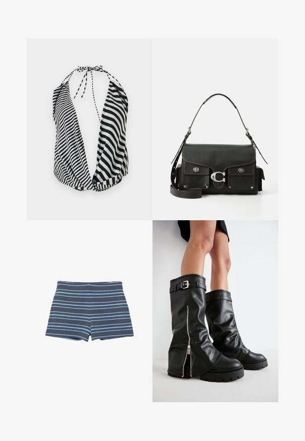 Crno-bijela prugasta halter majica s dubokim dekolteom, s vezanjem oko vrata i mekim, laganim materijalom.; Tamno plave pletene šortse s svijetloplavim horizontalnim prugama, sa pripijenim pojasom i krojem do sredine bedra.; Crne kožne čizme do koljena s širokim okovratnikom, s bočnim zatvaračem i detaljem od kopče, teksturiranom završnom obradom i debelim gumenenim potplatom.; Crna kožna torba s poklopcem, srebrnim dodacima, dva prednja džepa, kontrastnim šavovima i odvojivom naramenicom.