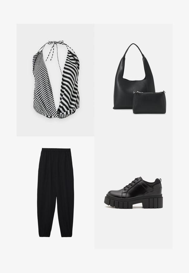 Top halter cu dungi alb-negru, cu decolteu adânc, închidere prin legare la gât și material moale, ușor.; Pantaloni negri, ușori, cu un brâu elastic și tivuri strânse. Materialul este neted și are un design relaxat, conic.; Pantofi cu talpă plată din piele neagră, cu toc gros, vârf rotund și design tradițional cu șireturi. Prezintă o textură netedă și detalii minime.; Even&Odd Geantă de mână - black
