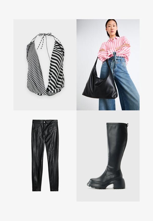 Črna in bela črtasta halter majica z globokim izrezom, zavezovanjem okoli vratu in mehkega, lahkega materiala.; Črne usnjene hlače s prilegajočim dizajnom, dvema zadrgo zaprtima sprednjima žepoma ter gladko teksturo z sijočim zaključkom.; Visoka črna usnjena škornja s debelim podplatnim solejem in blok peto, opremljena s potegom in strukturiranim profilom na podplatu.; Črna usnjena torba preko ramena z ohlapno obliko in šivnimi detajli. Model nosi roza in belo črtasto srajco ter široke modre kavbojke.