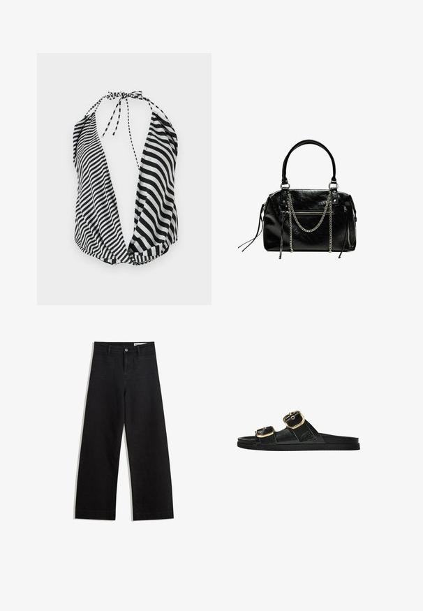 Zwart-wit gestreepte haltertop met een diepe halslijn, striksluiting bij de nek en zachte, lichte stof.; Zwarte denim broek met wijde pijpen en een hoge taille, voorzien van voor- en achterzakken, gestikte naden en een knoopsluiting. Gladde textuur.; Zwarte slipper met twee gouden gesps, gladde textuur, platte zool en een minimalistisch ontwerp.; Bershka WITH CHAIN - Handtas - black
