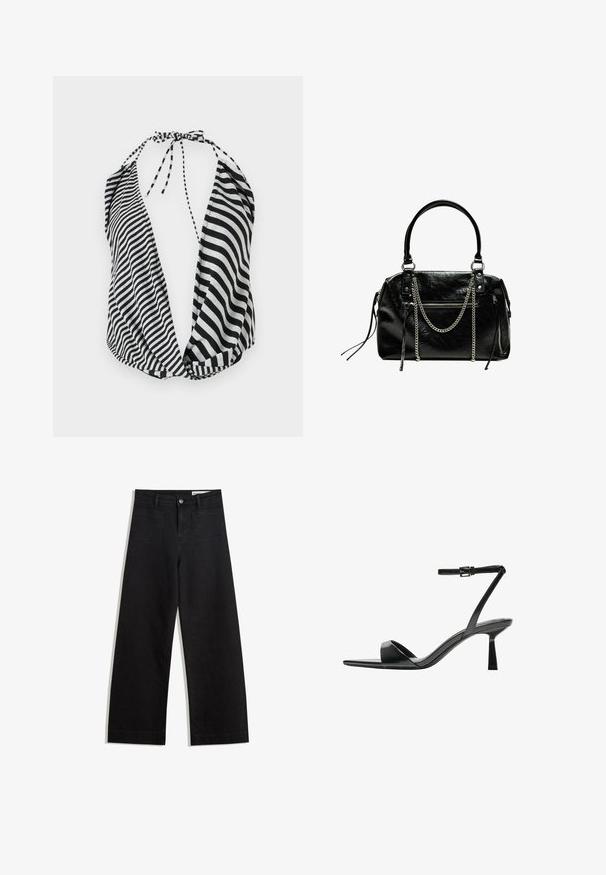 Halter top s černobílými pruhy a hlubokým výstřihem, s uvázáním na krku a měkkou, lehkou tkaninou.; Černé denimové kalhoty s volným střihem a vysokým pasem, vybavené předními a zadními kapsami, prošívanými švy a knoflíkovým zapínáním. Hladká textura.; Bershka Sandály na vysokém podpatku - black; Bershka WITH CHAIN - Kabelka - black
