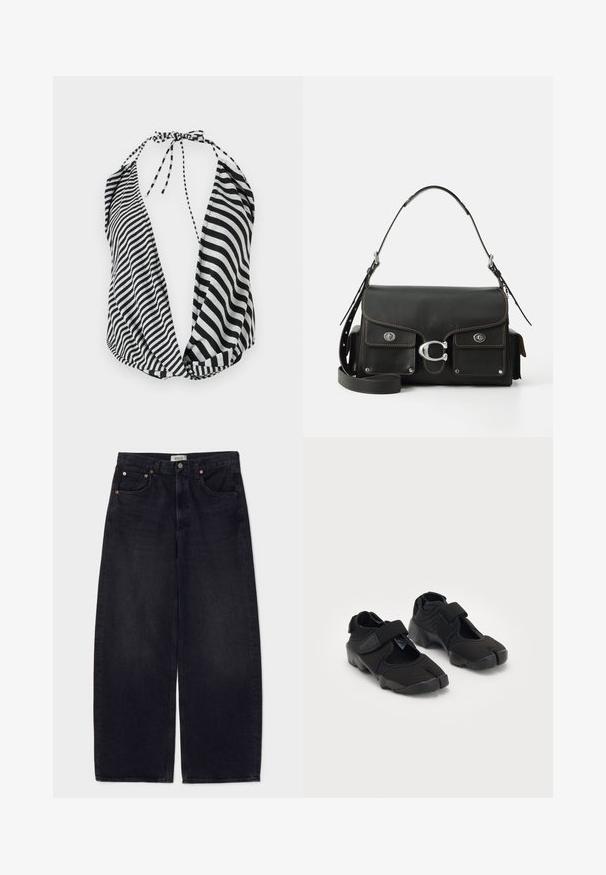 Top halter a righe bianche e nere con scollatura profonda, chiusura a lacci al collo e tessuto morbido e leggero.; Jeans in denim nero a gamba larga con bottoni in rame, due tasche frontali e una texture liscia. Design pulito con una vestibilità dritta.; Scarpe d'acqua nere realizzate in tessuto flessibile con una fascia in Velcro, dotate di un design unico a punta divisa e suola in gomma texturizzata per una buona aderenza.; Borsa a tracolla in pelle nera con chiusura a patta, hardware silver, due tasche frontalmente, cuciture a contrasto e tracolla staccabile.; Orologio Casio al quarzo argento con quadrante rettangolare, display analogico e digitale, bracciale in acciaio inossidabile e caratteristiche di resistenza all'acqua.