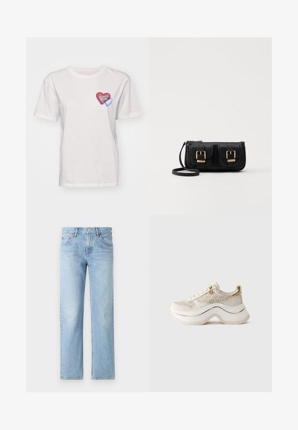 Hvit bomulls t-skjorte med et lite, flerfarget hjerte-design på venstre brystområde, med røde og blå striper og tekst.; Lyseblå denimjeans med rett passform, fem lommer, knapp- og glidelås-lukking, og en lett falmet finish.; Beige og gull plattform sneakers med "MK" mønster, snøring foran, gull-charms, og tykk bølgete såle mot lyst bakgrunn.; Svart skinn crossbody veske med to frontlommer, gyldne spenner, glidelåslukking og en slank stropp. Teksturert overflate og kompakt rektangulær form.