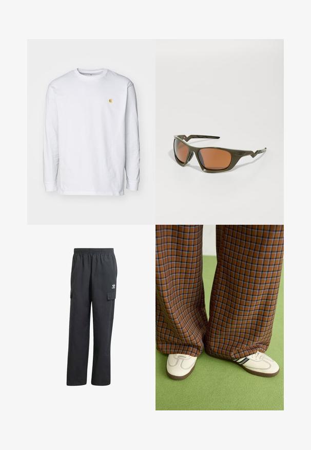 Hvit langermet t-skjorte laget av bomull. Har en liten gyllen logo på brystet og rund hals. Enkelt design og standard passform.; Sorte cargo-bukser med elastisk linning, to sidelommer og en subtil logo på venstre lår. Fremstillet af et letvægtsstof.; Brune og blå rutete vide bukser sammen med hvite sko med svarte detaljer og teksturerte såler, satt mot en grønn bakgrunn.; Olivengrønne solbriller med rektangulære linser og oransje helning, med en teksturert ramme og særpregede, vinklede stenger.