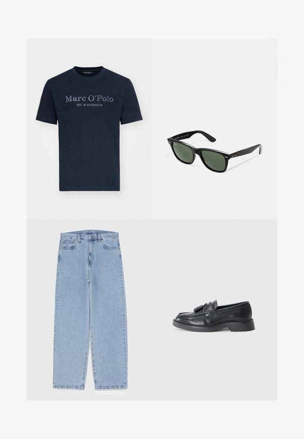 Tumši zilo kokvilnas T-kreklu ar apaļu kakla izgriezumu, īsām piedurknēm un priekšpusē tekstu: "Marc O'Polo EST. IN STOCKHOLM" vieglākā krāsā.; Gai zila džinsu bikses ar taisnu kāju dizainu, kas piedāvā vidēju vidukļa augstumu, piecas kabatas un pogas un rāvējslēdzēja aizdari.; Melnas ādas loafers ar noapaļotu pirkstu, siksnu ar pompiņām un masīvu zoli ar protektora rakstu. Gluda tekstūra un klasiskā dizaina.; Melnas plastmasas saulesbrilles ar zaļiem lēciem, kvadrātveida rāmjiem, sudrabainu akcentu uz uzacīm un teksturētām tempļu kājām. Zīmols norādīts uz iekšējās kājas.; Melna sintētiska rokassoma ar rāvējslēdzēja aizdari, roku siksnu un gludu tekstūru. Iezīmējas ar smalku šūšanu un logo iespiestu priekšpusē.