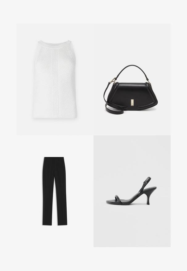 White knitted tank top with a textured pattern, round neckline, and wide armholes; features distinct vertical and horizontal knit details.; Black tailored trousers with a straight-leg design, featuring front pockets and a smooth, textured fabric. Neat, minimal detailing.; Black leather high-heeled sandals with a slim, curved heel and a crossed strap design. Adjustable ankle strap. Smooth texture.; Black leather handbag with a structured design, featuring a cropped shape, top handle, and gold hardware accent. Adjustable shoulder strap included.