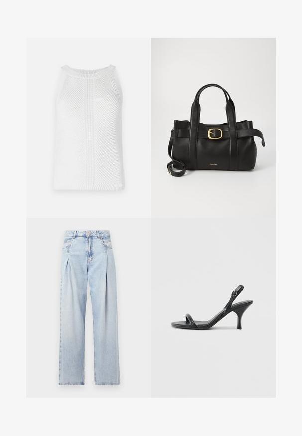 White knitted tank top with a textured pattern, round neckline, and wide armholes; features distinct vertical and horizontal knit details.; Light blue denim jeans with a high waist, wide-leg cut, two side pockets, and pleated design feature. Soft texture with a faded finish.; Black leather high-heeled sandals with a slim, curved heel and a crossed strap design. Adjustable ankle strap. Smooth texture.; Black leather handbag featuring a structured design, dual top handles, gold-tone buckle accent, and embossed brand logo at the front.