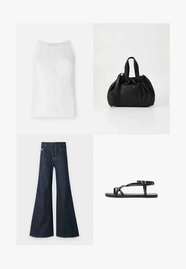 White knitted tank top with a textured pattern, round neckline, and wide armholes; features distinct vertical and horizontal knit details.; Dark blue flared jeans made of denim, featuring a high waist, gold stitching accents, and two front pockets with a button closure.; Black leather sandals with thin straps and a buckled ankle strap. Flat sole with a textured finish and zigzag edge. Minimalist design.; Black leather handbag with a gathered top design, featuring two short handles and a long adjustable strap. Smooth texture, rounded shape.