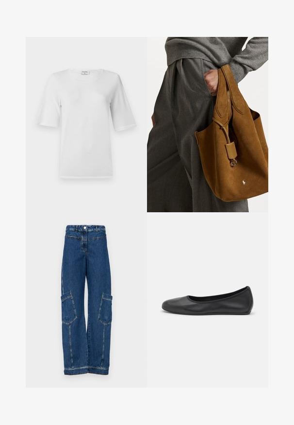 Vit T-shirt med korta ärmar och rund halsringning. Tillverkad av mjukt bomullstyg. Har en ren design utan synliga mönster eller detaljer.; Blå denim cargobyxor med hög midja, vida ben, två stora sidofickor och traditionella nitar och sömdetaljer.; Svart läderballerinaskor med rund tå, slät yta, minimala söm detaljer och en flexibel sula.; Brun mocka toteväska med rund form, dubbla handtag och en metallutsmyckning. Har en liten logotyp på framsidan.