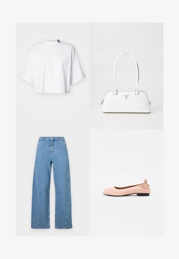 Bílý zkrácený tričko z bavlny, s širokými krátkými rukávy a vysokým výstřihem. Na límci je černě vytištěn nápis "HUGO".; Světle modré široké džínsy z denimu, s vysokým pasem, rovného střihu a kontrastním prošíváním podél švů.; Bledě růžové baletní byty vyrobené z hladkého materiálu, s kulatou špičkou, flexibilní zadní částí a malým černým podpatkem.; Bílá kožená kabelka s zakřiveným tvarem, na které se nachází stříbrné trojúhelníkové logo a zipové uzavření. Hladký povrch a dvojité uši.
