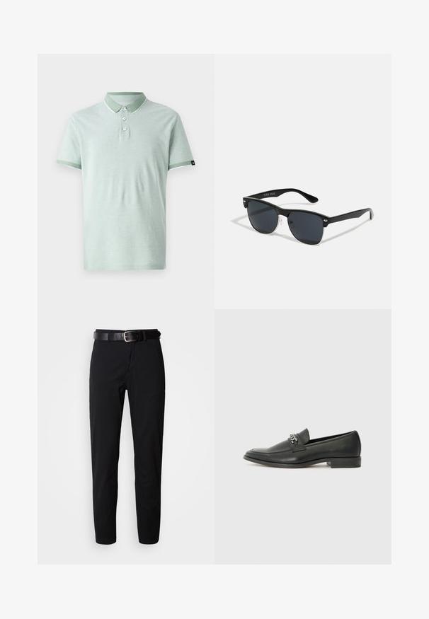 Šviesiai žalia polo marškinėliai iš minkštos medžiagos, su klasikiniu apykakle, trimis sagomis, baltais akcentais ant apykaklės ir rankovių.; Juodi kelnių modeliai su tiesiu kirpimu, turintys lygų paviršių ir juodas odinis diržas su sidabriniu sagtimi. Paprastas dizainas, be raštų ar akcentų.; Juodos odinės loafer tipo bateliai su lygiu paviršiumi, turintys siuvinėtą dizainą ir dekoratyvų metalo grandinėlės akcentą ant batų viršaus. Plokščias kulnas.; Juodos saulės akinių su stačiakampiu rėmeliu, tamsiais lęšiais, sidabrinėmis detalėmis šventrajose ir matinio paviršiaus rėmeliu.