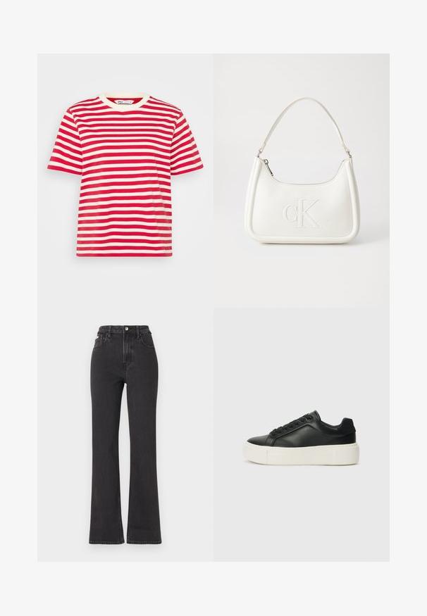 Raudonai ir balti dryžuoti marškiniai su apvaliu kaklu ir trumpomis rankovėmis, pasižymintys minkšta medvilnės tekstūra ir laisvu siluetu.; Juodi aukštu liemeniu platėjantys džinsai, pagaminti iš džinsinio audinio, su mygtuko uždarymu, diržo kilpomis ir šoninėmis kišenėmis. Lygus paviršius su minimaliais išblukimais.; Juodas odinis sportbačių modelis su apvaliu priekiu, baltu platformos padu ir juodais raišteliais. Yra subtilus logotipas ant kulno ir glotni tekstūra.; Balta odinė rankinė su išlenkta forma, su reljefiniu "CK" logotipu priekyje ir viena petneša. Užtrauktuko uždarymas viršuje.