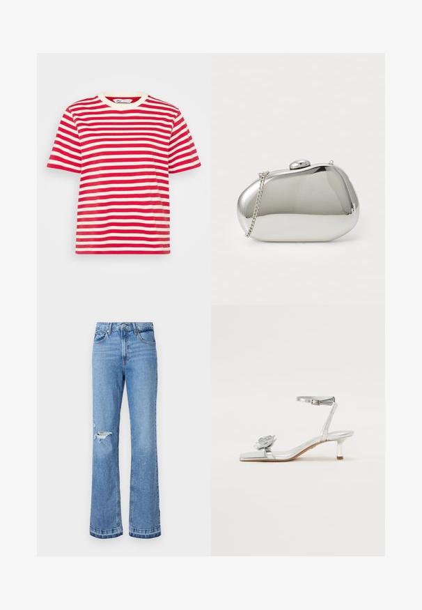 Red and white striped t-shirt with a crew neck and short sleeves, featuring a soft cotton texture and a relaxed fit.; Light blue denim flared jeans with a high waist, featuring a rip on the right knee and stitching details along the seams and hem.; Silver metallic sandal with a low heel, ankle strap, and floral accent on the toe strap; smooth texture and sleek design enhance its appearance.; Silver metal clutch with a rounded, smooth shape. Features a clasp closure and a detachable chain strap. Reflective surface with no patterns.