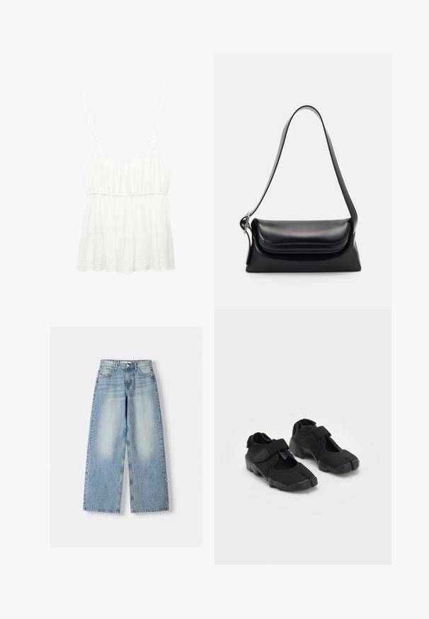 Weißes, ärmelloses Top aus leichtem Stoff. Mit einem rüschenden Saum und gerafften Details am Brustbereich sowie verstellbaren Trägern.; Helle blaue, weit geschnittene Jeans mit hoher Taille, mit einem verwaschenen Finish, fünf Taschen und geradem Schnitt.; Schwarze Wasserschuhe aus flexiblem Stoff mit einem Klettverschluss, ausgestattet mit einem einzigartigen Zehentrenndesign und einer strukturierten Gummisohle für besseren Halt.; Schwarze Lederhandtasche mit strukturiertem Design, glatter Textur und einem einzelnen Schulterriemen. Verfügt über ein dezentes, abgerundetes Klappendesign.