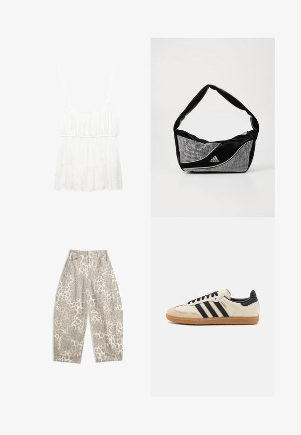Bijela bezrukavna majica napravljena od lagane tkanine. Ima naborani rub i skupljene detalje na bustu s podesivim naramenicama.; Hlače sa leopard uzorkom u svijetlo bež boji, s visokim strukom, širokim nogavicama i dva prednja džepa. Izrađene od glatkog materijala.; Bež sportski cipela s crnim prugama, gumeni potplat i crni dodaci. Ima glatku kožnu gornju stranu i dizajn s zaobljenim vrhom.; Crna i srebrna adidas torba s glatkom teksturom, koja sadrži sjajni uzorak s umetnutim dugmadi i prepoznatljivim zakrivljenim dizajnom.