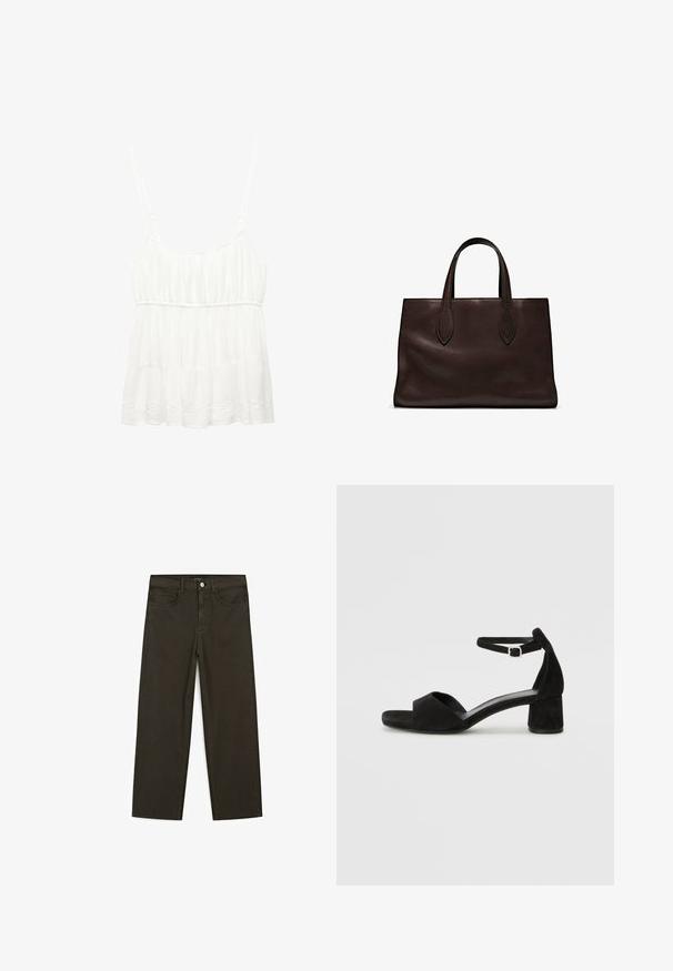White, sleeveless top made of lightweight fabric. Features a ruffled hem and gathered details at the bust with adjustable straps.; Dark green wide-leg jeans made of cotton blend, featuring a front button closure, five pockets, and classic denim stitching.; Black suede heeled sandals with a thin ankle strap, open toe design, and a modest block heel. Smooth texture and minimal accents.; Brown leather tote bag with two elongated handles, structured rectangular shape, smooth texture, and subtle stitching details.