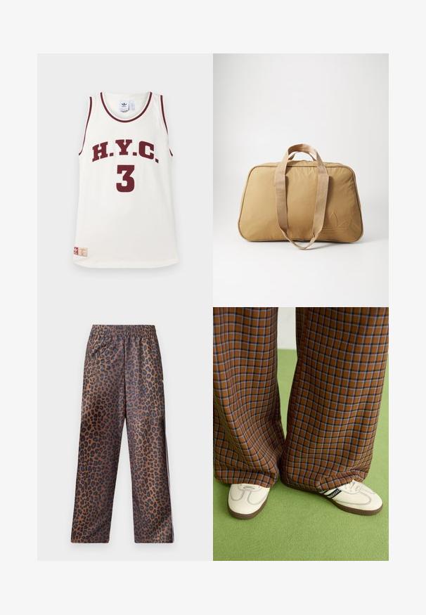 Λευκή αμάνικη μπλούζα μπάσκετ με μαρόν ριπ τελείωμα, διαθέτει το "H.Y.C." και τον αριθμό "3" σε έντονη γραμματοσειρά, καθώς και μια μικρή ετικέτα λογότυπου στο τελείωμα.; Κολάν λεοπάρ με ελαστική μέση. Φτιαγμένα από λαμπερό ύφασμα, με καφέ βάση και μαύρες πιτσιλιές και ελεύθερη γραμμή.; Καφέ και μπλε καρό παντελόνια με φαρδιά πόδια, σε συνδυασμό με λευκά παπούτσια που έχουν μαύρες λεπτομέρειες και υφασμάτινες σόλες, τοποθετημένα σε πράσινο φόντο.; Τα τσαντάκια ντουφλέ είναι καφέ με δύο υφασμάτινες λαβές, λεία υφή, κλείσιμο με φερμουάρ, οβάλ σχήμα και μια υποτυπώδη ανάγλυφη λογότυπο στη μία πλευρά.
