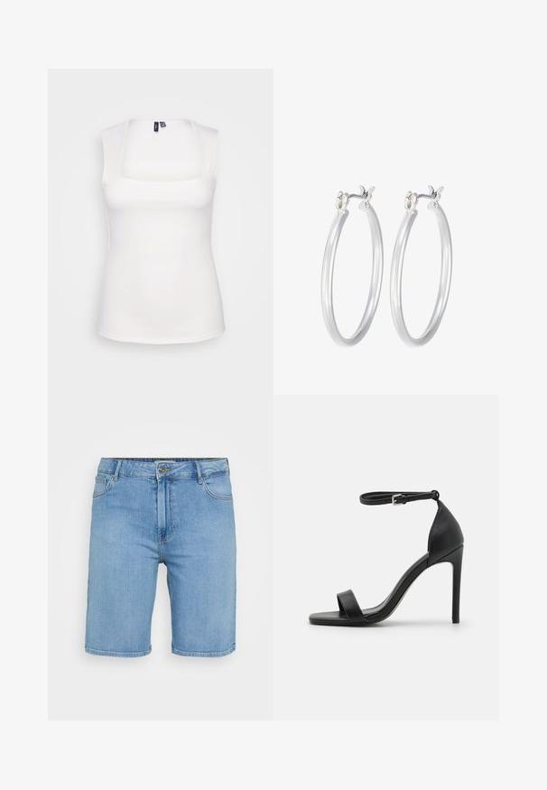 White sleeveless top with a square neckline, made from smooth elastic material, featuring minimal stitching and no visible patterns.; Light blue denim shirt with short sleeves, featuring two front pockets and embellished with small silver studs throughout.; Light blue denim shorts with a classic cut, featuring a front button closure, belt loops, and two side pockets. Smooth texture and straight hem.; Black high-heeled sandal with a sleek design, featuring an ankle strap, open toe, and smooth leather texture.; Silver hoop earrings with a smooth, polished finish. Round shape and secure click-top closure. Lightweight design suitable for everyday wear.