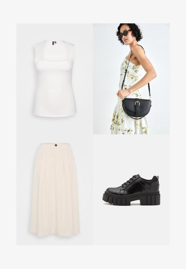 Bela brezrokavna majica s kvadratnim izrezom, izdelana iz gladkega elastičnega materiala, z minimalnimi šivi in brez vidnih vzorcev.; Kremna midi krila z naborki, sprednjim gumbom in gladko teksturo, zasnovana za udoben fit.; Črne usnjene platforme z debelim blokastim petam, okroglo konico in klasičnim vezanjem. Imajo gladko teksturo in minimalne podrobnosti.; Črna usnjena torbica s ukrivljeno obliko, z odstranljivo naramnico in zlatimi dodatki. Torbica ima pokrov s podrobnostmi v obliki zaponke.