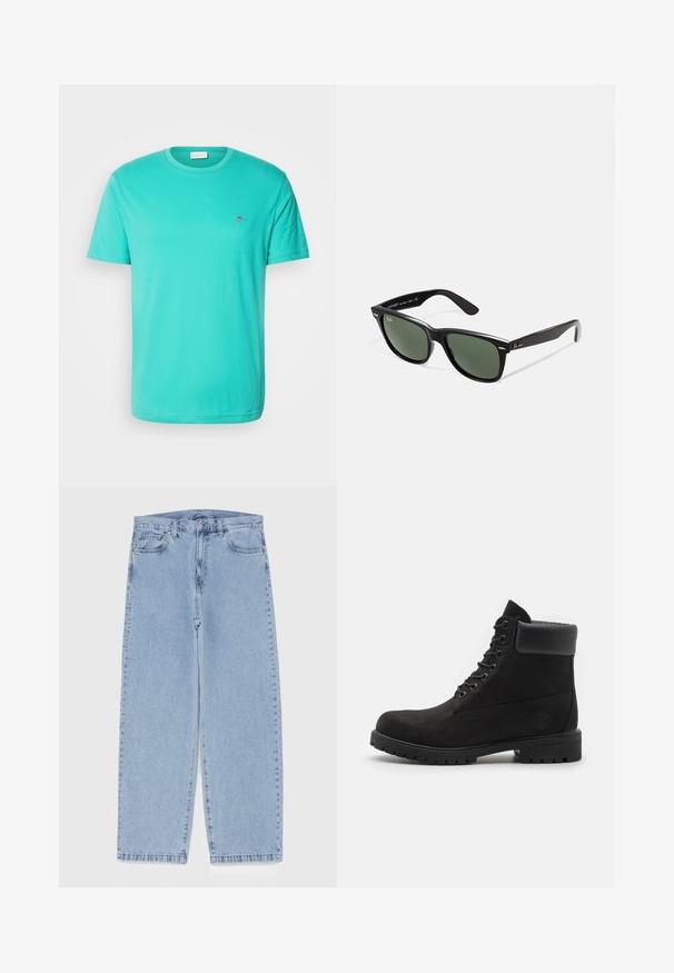 GANT SHIELD - Paprasti marškinėliai - türkis/lagoon blue; Šviesiai mėlyni džinsai su tiesiomis kojomis, turintys vidutinio aukščio juosmenį, penkias kišenes ir mygtuko bei užtrauktuko uždarymą.; Juodi aulinukai su raišteliais, su paminkštintu apvadu ir tvirtu padu, rodomi profiliu prieš baltą foną.; Juodi plastikiniai saulės akiniai su žaliais objektyvais, kvadratiniais rėmeliais, sidabriniu akcentu ant antakio ir tekstūruotais šventyklų šakutėmis. Vidinėje šakutėje nurodyta prekės ženklo pavadinimas.