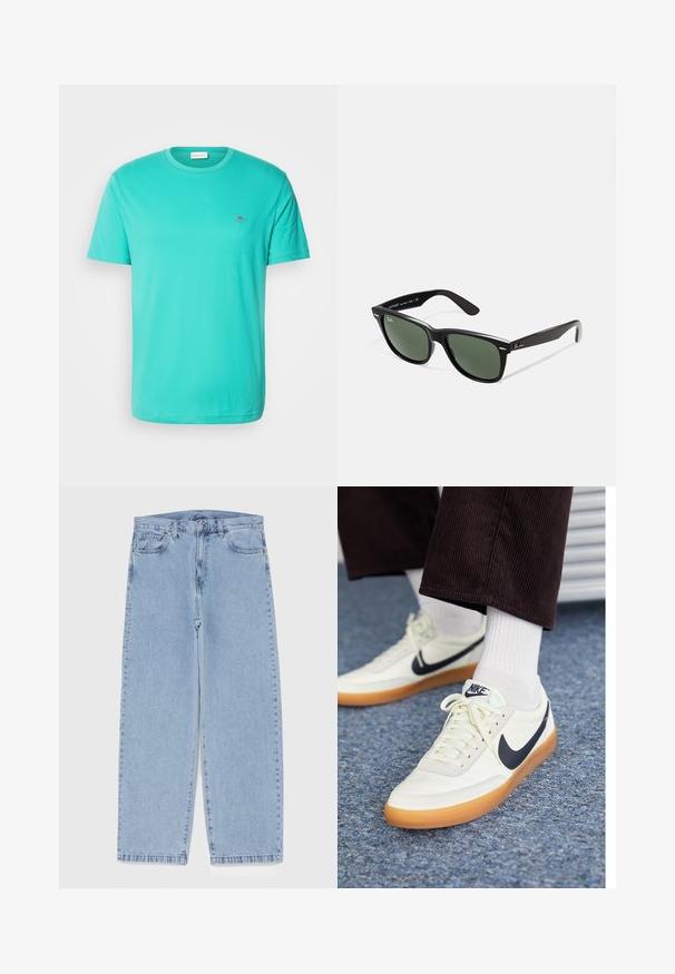 GANT SHIELD - Základné tričko - türkis/lagoon blue; Svetlomodré denimové džínsy s rovnými nohavicami, s polovysokým pásom, piatimi vreckami a zapínaním na gombík a zips.; Nike tenisky z bielej kože s námorníckym swooshom, s gumovou podrážkou a bielymi šnúrkami, skombinované s bielymi ponožkami a tmavými kordovým nohavicami.; Čierne plastové slnečné okuliare so zelenými šošovkami, štvorcové rámy, strieborný akcent na obočí a textúrované ramenné opierky. Brand uvedený na vnútornej strane ramien.