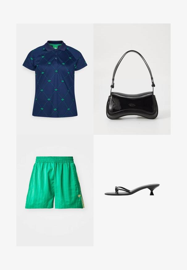 Mornarska polo majica narejena iz gladkega materiala, ki se ponaša z zelenim cvetličnim vzorcem in pikčasto mrežno zasnovo, ter ima klasičen ovratnik in gumbasto zapiranje.; Zelene športne kratke hlače z belimi navpičnimi črtami, elastičnim pasom in rumenimi stranskimi poudarki. Na spodnjem levem delu imajo majhen zlat logotip.; Črne sandale na visoki peti z eleganco, tankimi trakci in edinstveno tristransko peto. Gladka tekstura z minimalističnim videzom.; Črna lakirana usnjena torbica s krivuljasto obliko, enim ročajem in zaobljenim dnom. Ima subtilen logotip na sprednji strani.